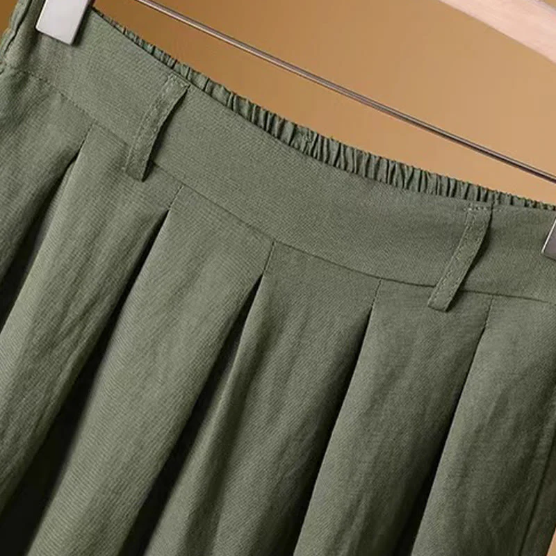 Buddha Stones Summer Casual Pure Color 7-8 Length Cotton Linen Women's Wide Leg Pants