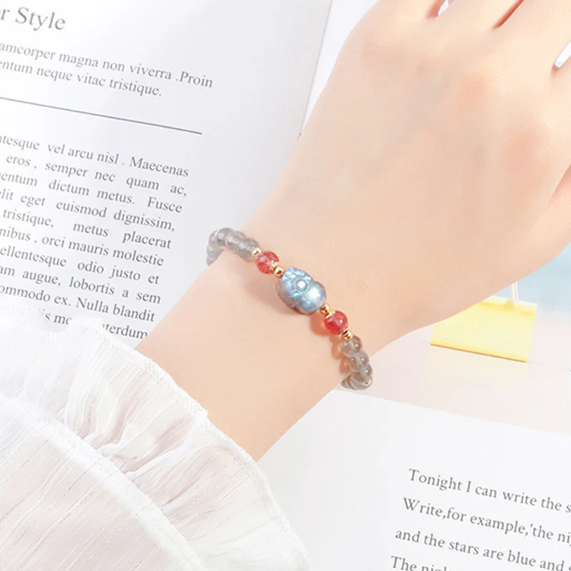 Buddha Stones Moonstone Strawberry Quartz PiXiu Healing Bracelet