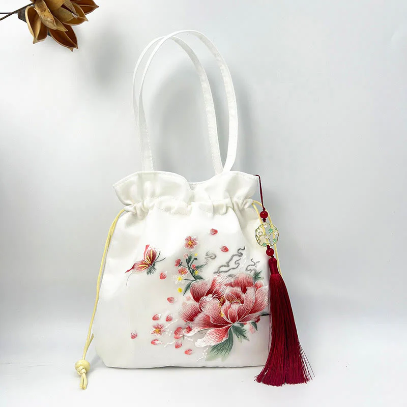 Buddha Stones Suzhou Embroidery Lotus Deer Epiphyllum Peony Rabbit Cotton Linen Tote Crossbody Bag Shoulder Bag Handbag