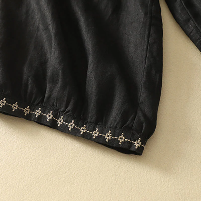 Buddha Stones Casual Retro Drawstring Embroidery Design Women's Cotton Linen 7-8 Length Pants With Pockets