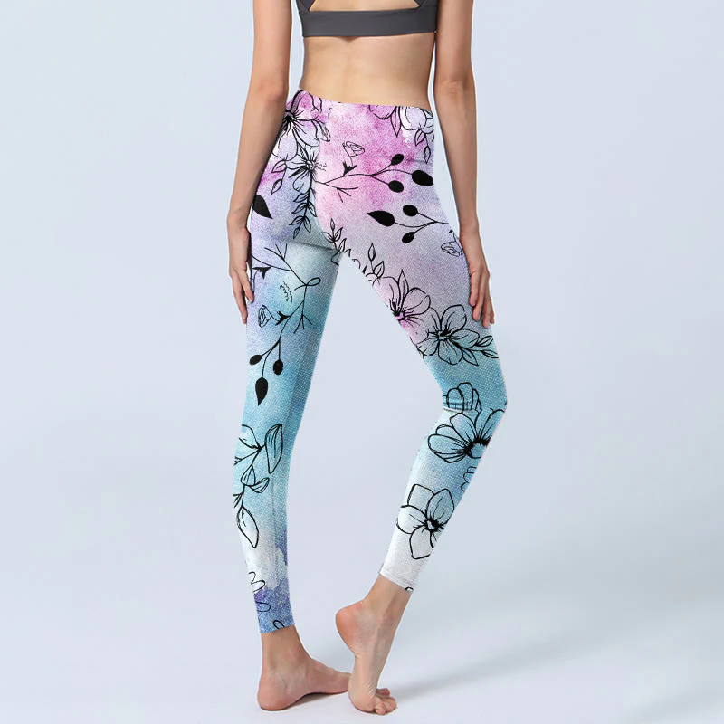 Buddha Stones Black Line-Drawn Flower Leaves Pattern Print Gym Leggings Women's Yoga Pants