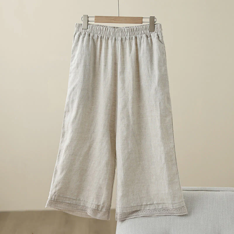 Buddha Stones Commute Retro Plain Lace Patchwork Design 7-8 Length Women's Wide Leg Cotton Pants With Pockets