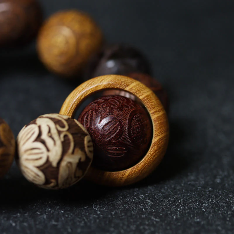 Buddha Stones Carving Sandalwood Chinese Zodiac Auspicious Dragon Phoenix Fu Character Healing Bracelet