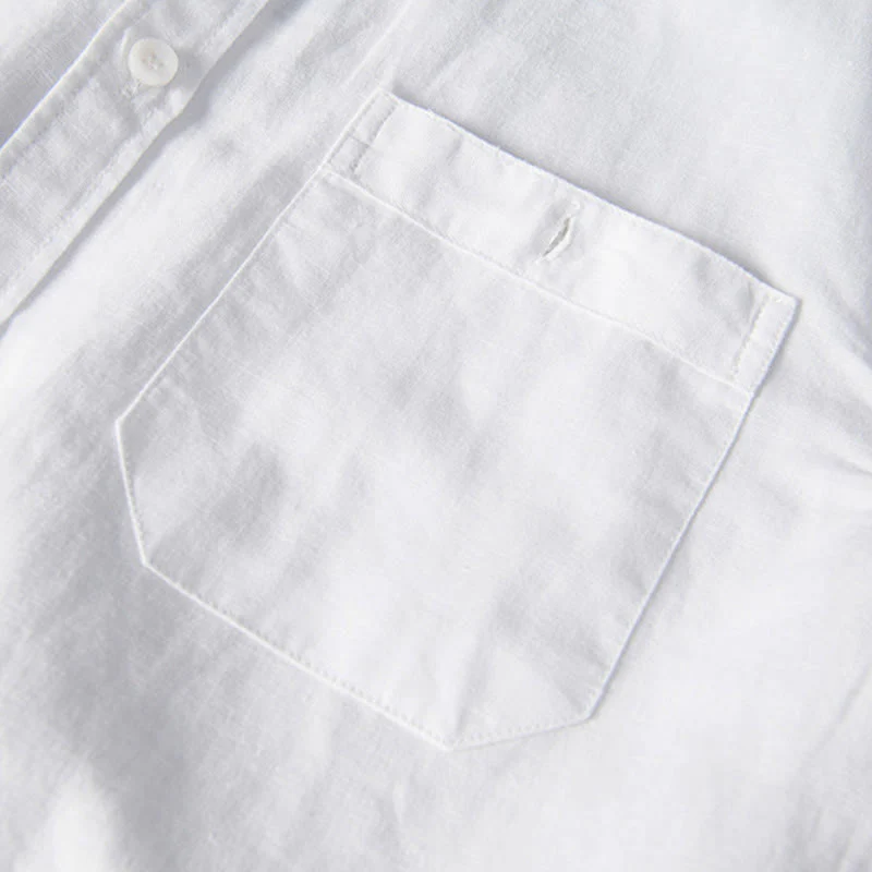 Buddha Stones Casual Daily Simple Buttons Design Stand Collar Men's Short Sleeve Cotton Linen Shirt With Front Pockets