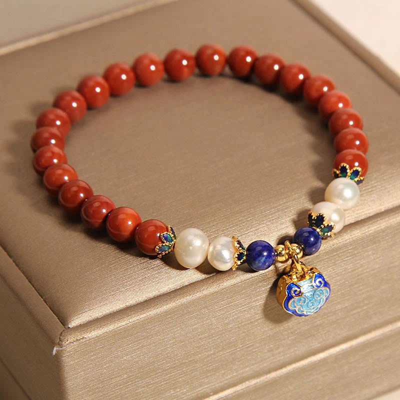 Buddha Stones Natural South Red Agate Pearl Peace Lock Charm Positive Bracelet