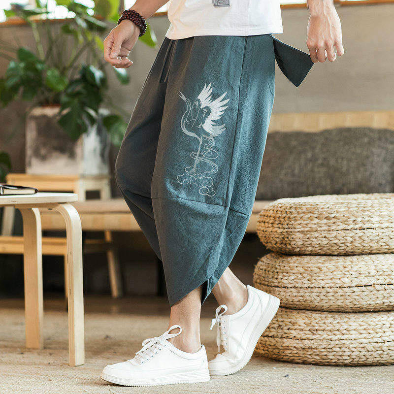 Buddha Stones White Crane Clouds Embroidery Cotton Linen Men's 7-8 Length Harem Pants With Pockets
