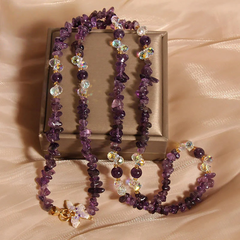 Buddha Stones Butterfly Flower Amethyst Strawberry Quartz Balance Necklace Pendant