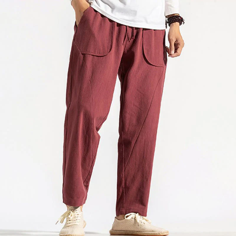 Buddha Stones Retro Casual Drawstring Design Men's Harem Cotton Plain Pants With Pockets