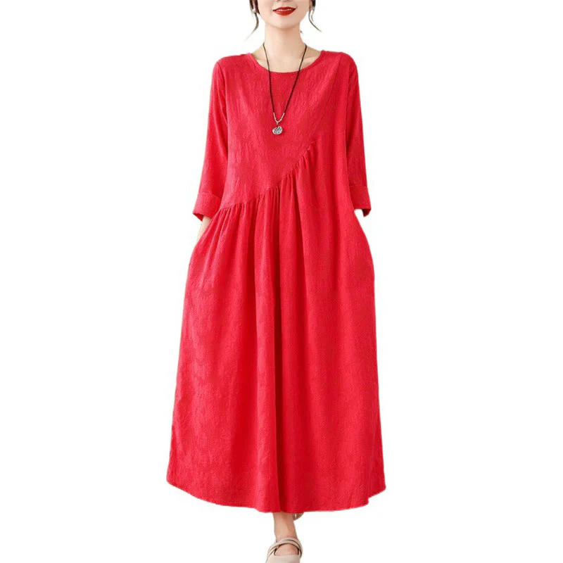 Buddha Stones Plain Jacquard Flower Irregular Design Cotton Linen Midi Dress With Pockets