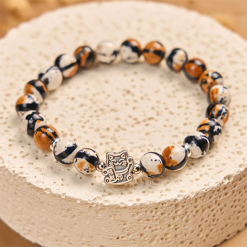 Buddha Stones 925 Sterling Silver Calico Cat Stone Bead Bracelet