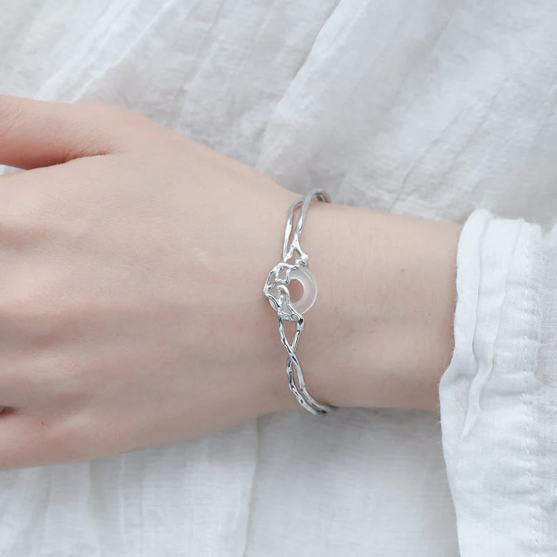 Buddha Stones 925 Sterling Silver Peace Buckle White Agate Protection Bracelet Bangle