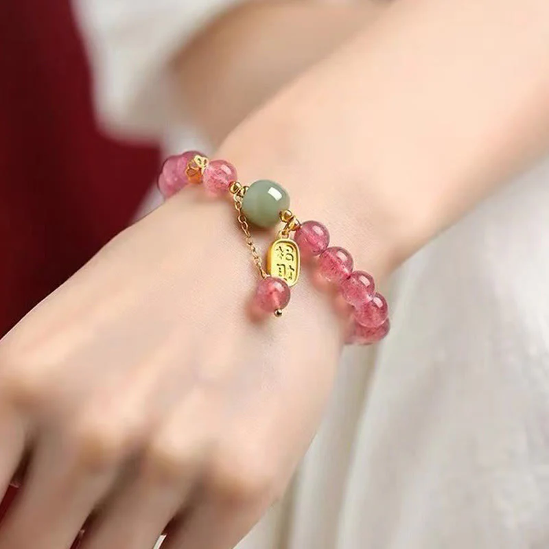 Buddha Stones Natural Strawberry Quartz Fu Character Jade Positive Healing Bracelet