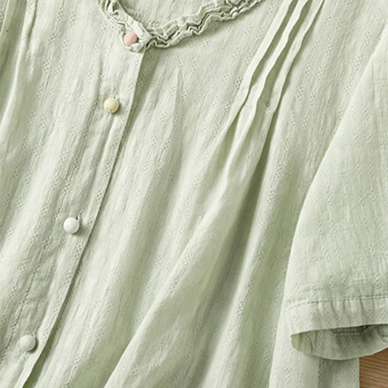 Buddha Stones Jacquard Pleated Ruffled Trim Design V-Neck Short Sleeve Women's Shirt