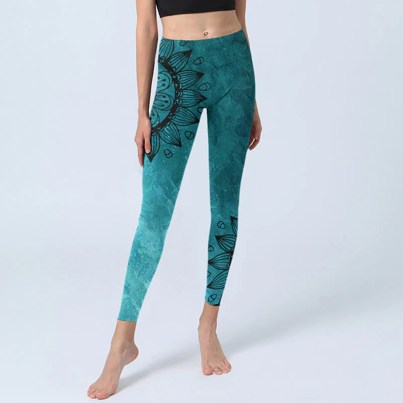 Buddha Stones Green Sunflowers Blossoms Print Gym Leggings Women's Yoga Pants