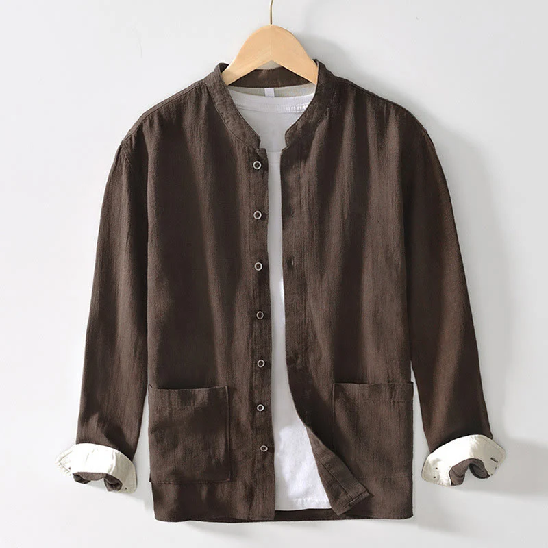 Buddha Stones Causal Solid Color Men's Buttons Long Sleeve Cotton Linen Shirt With Pockets