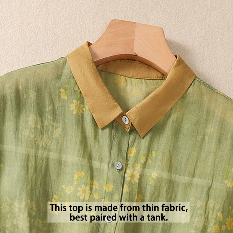 Buddha Stones Small Yellow Flower Leaves Buttons Short Sleeve Women's Shirt