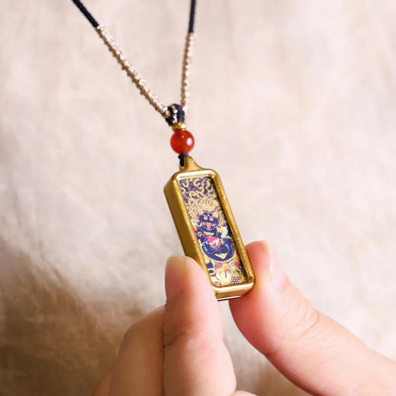 Buddha Stones Tibet Zakiram Yellow God of Wealth Nine Tailed Fox Hand-Painted Thangka Calm Necklace Pendant