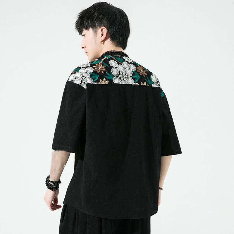 Buddha Stones Embroidery Patchwork Simple Design Three Quarter Sleeve Men's Cotton Linen Shirt