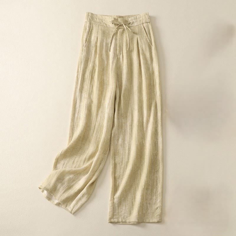 Buddha Stones Summer Plain Drawstring Zipper Design Women's Wide Leg Cotton Pants With Pockets