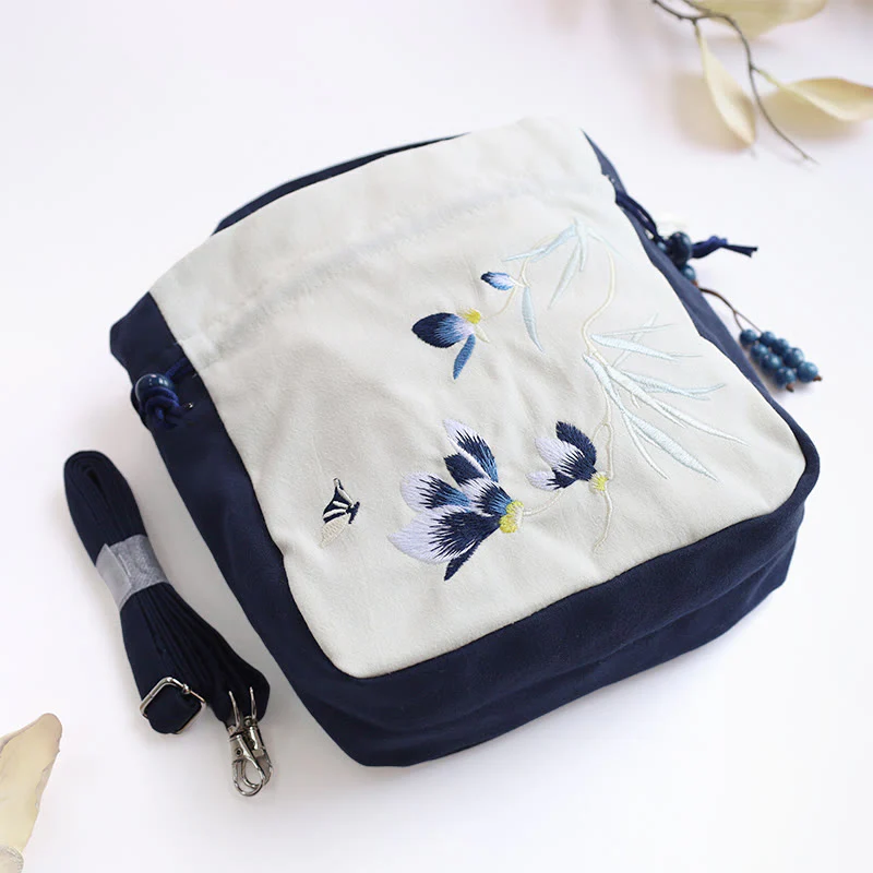 Buddha Stones Embroidered Butterfly Lotus Magnolia Cotton Linen Tote Crossbody Bag Shoulder Bag Handbag