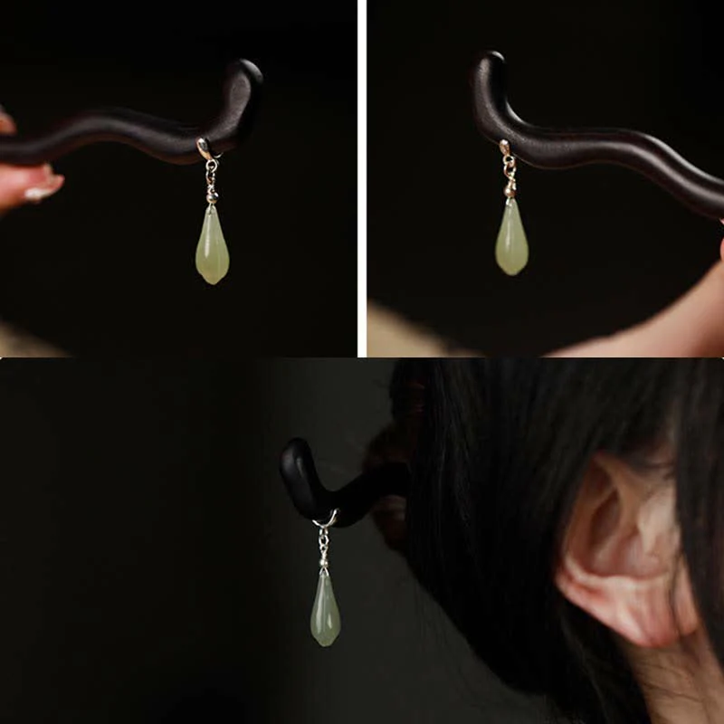 Buddha Stones 925 Sterling Silver Natural Hetian Jade Ebony Wood Luck Charm Hairpin
