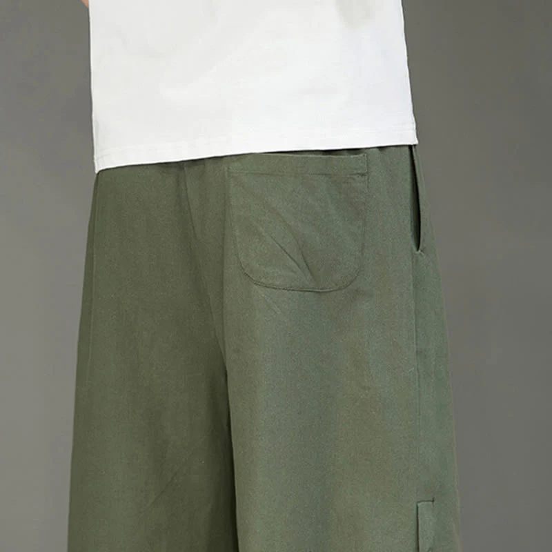 Buddha Stones Casual Plain Side Button Design Drawstring Men's Cotton Cropped Pants With Pockets