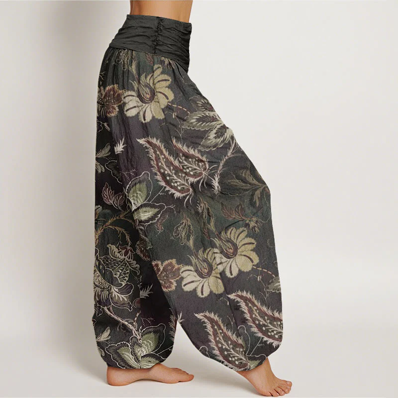 Buddha Stones Casual Floral Leaves Women's Elastic Waist Harem Pants