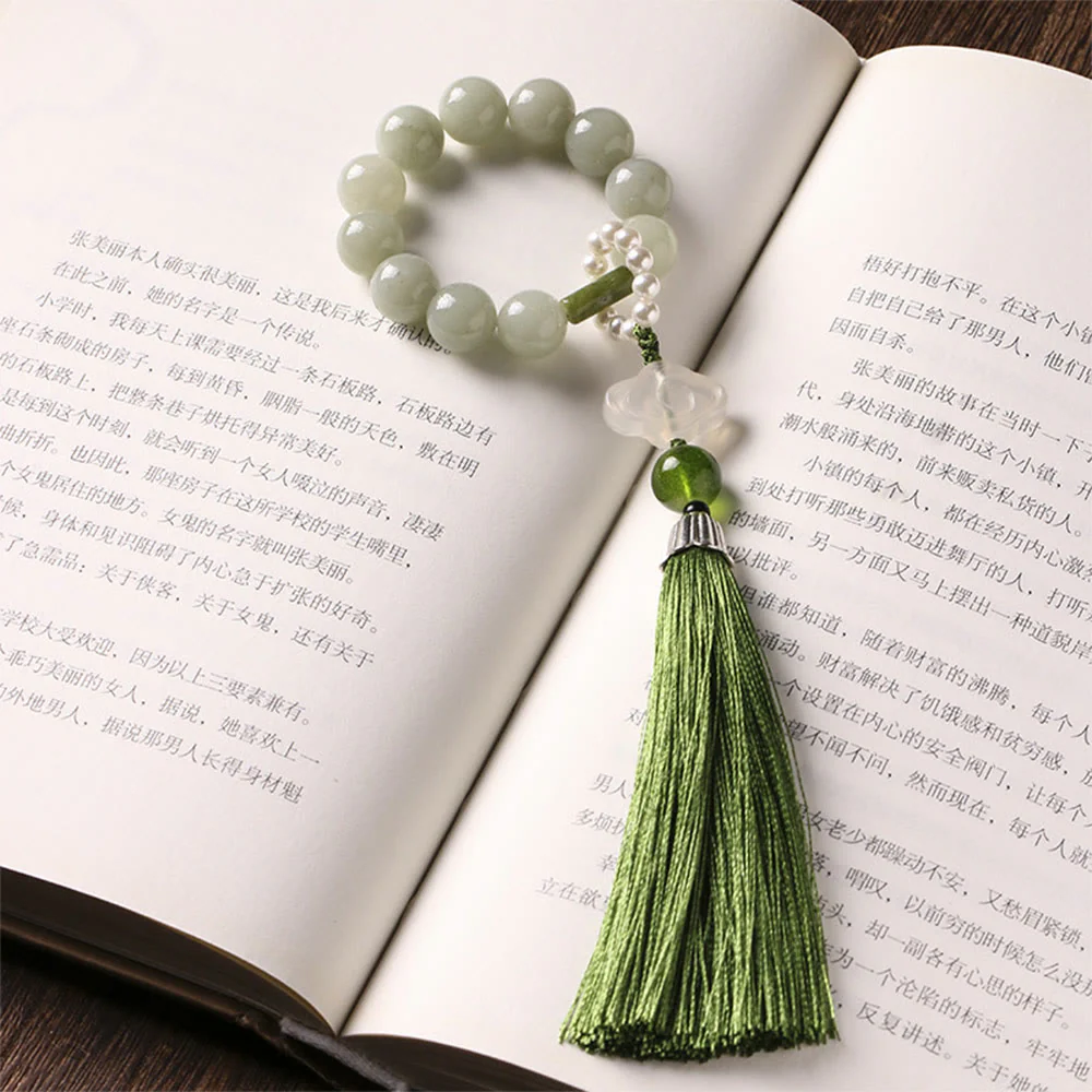 Buddha Stones Green Jade Beads Pearl Prosperity Tassels Wrist Mala