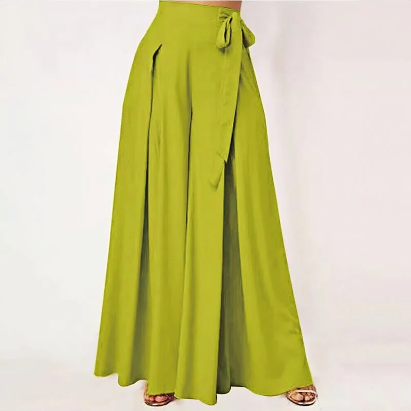 Buddha Stones Spring Casual Retro Plain Drawstring Women's Wide Leg Pants With Pockets