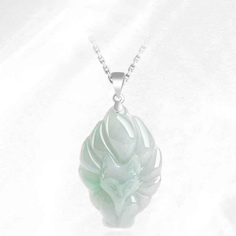 Buddha Stones 925 Sterling Silver Natural Jade Nine Tailed Fox Prosperity Necklace Pendant