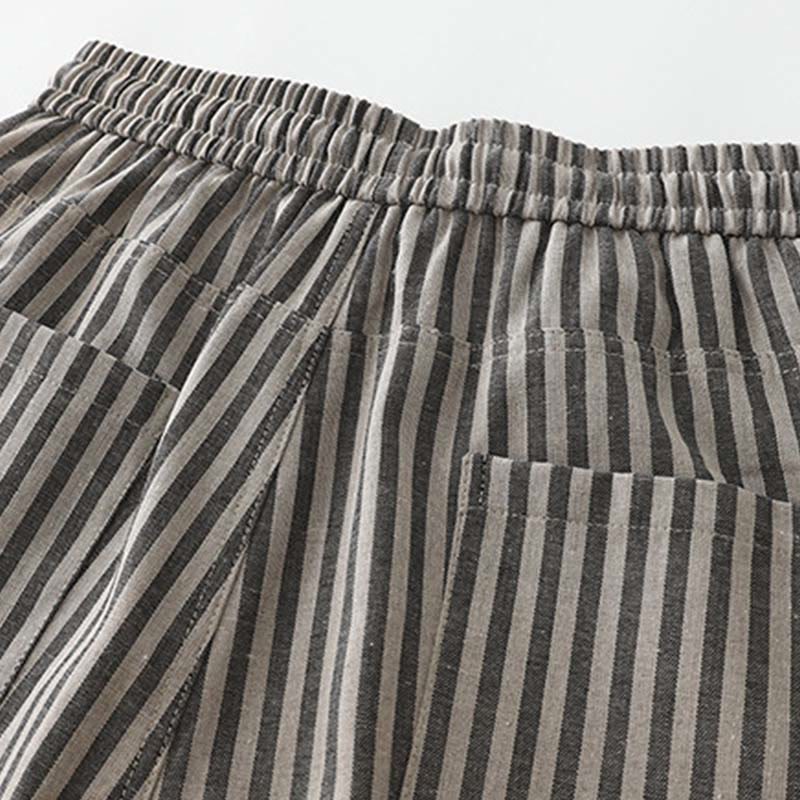 Buddha Stones Commute Striped Drawstring Design Women's Wide Leg Cotton Pants With Pockets