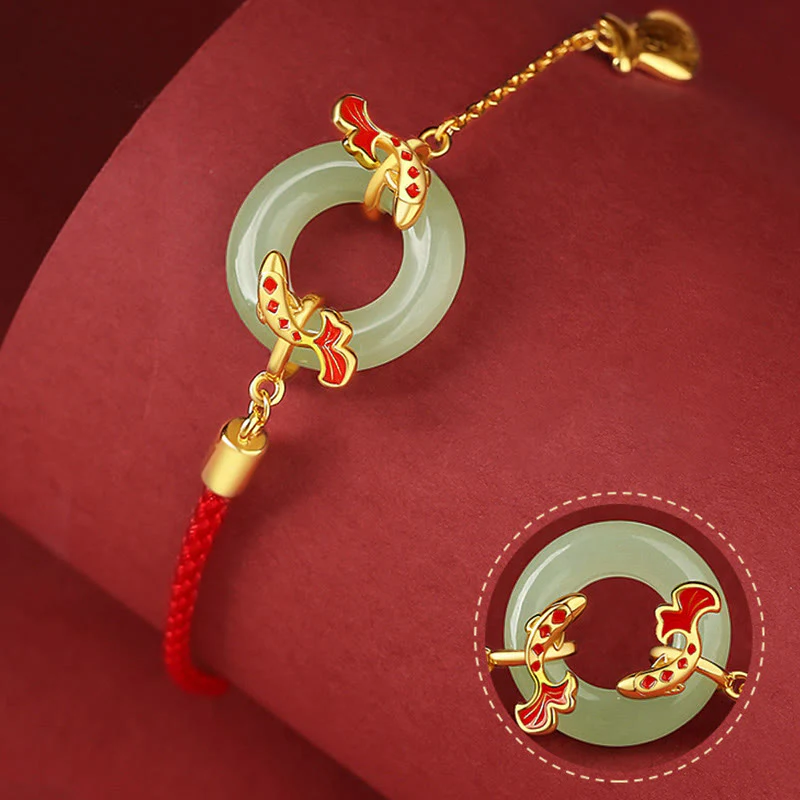 Buddha Stones 999 Sterling Silver Hetian White Jade Double Koi Fish Peace Buckle Lucky Charm Wealth Bracelet