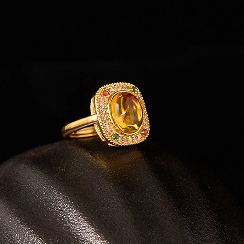 Buddha Stones Natural Amber Flower Square Support Full Diamond Confidence Ring