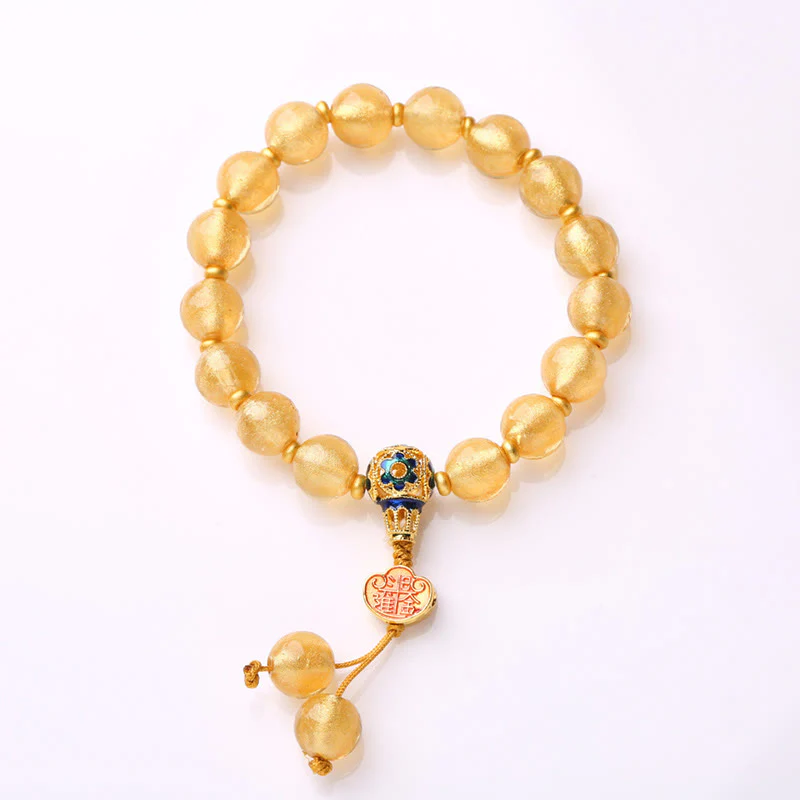 Buddha Stones Gold Foil Liuli Glass Bead Ruyi Golden Ingot Fortune Bracelet