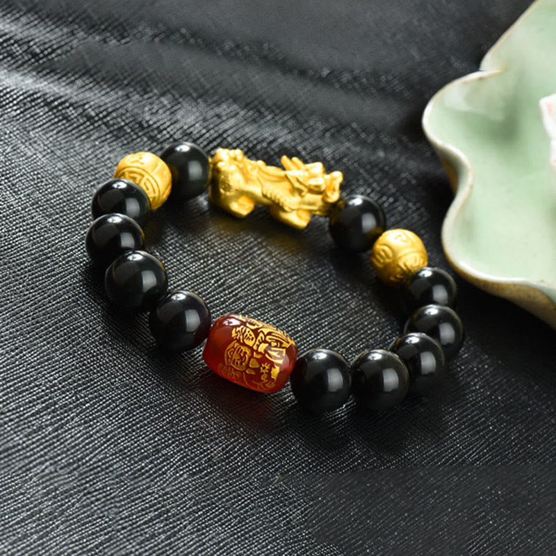 Buddha Stones Fengshui Copper Pixiu Rainbow Obsidian Beads Wealth Bracelet