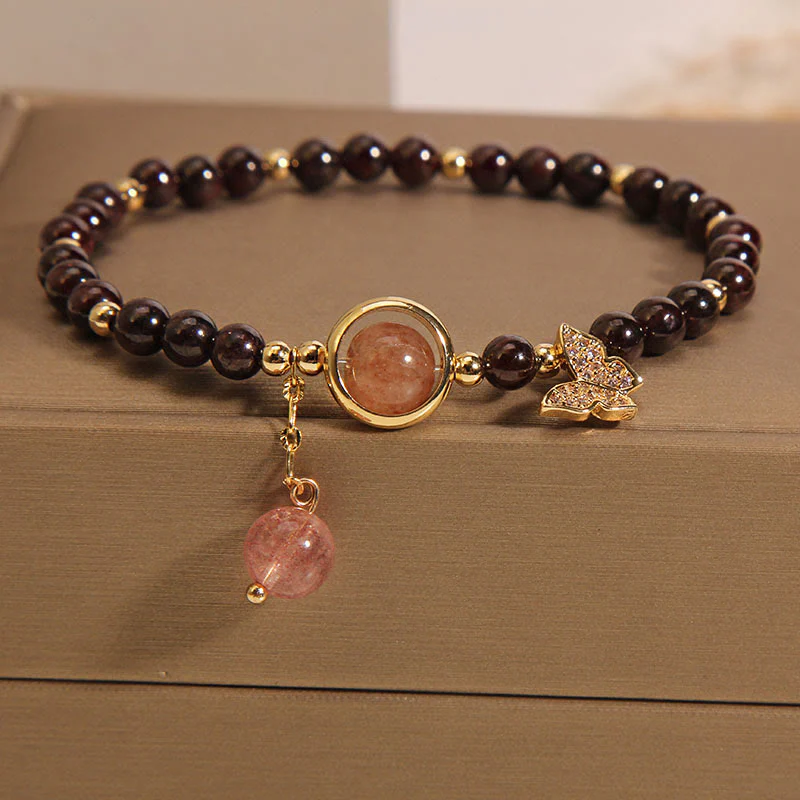 Buddha Stones Natural 3mm Ultra-thin Garnet Strawberry Quartz Butterfly Calm Bracelet