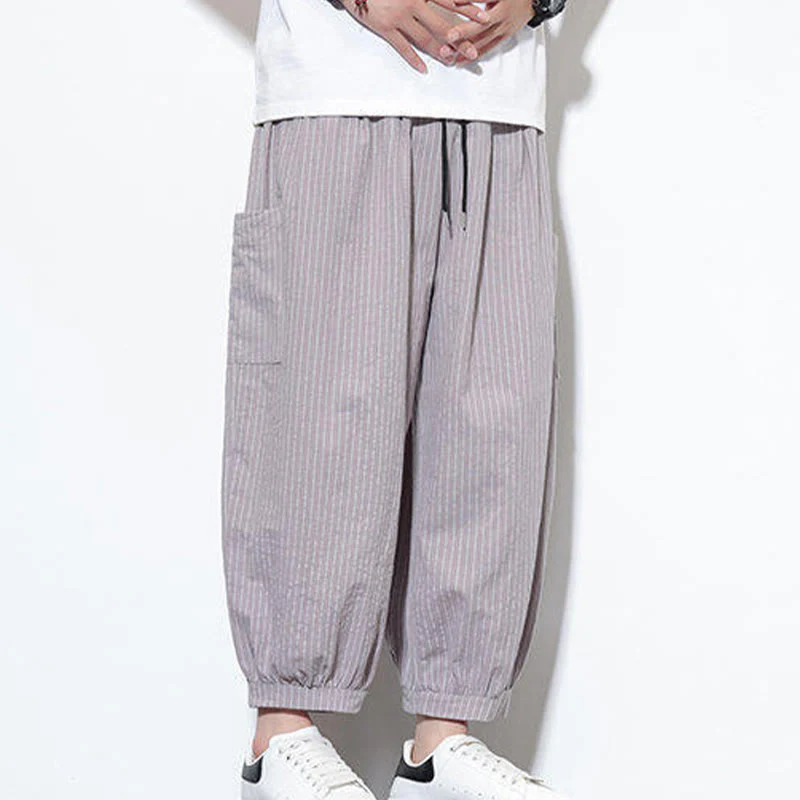 Buddha Stones Casual Striped Men's Cotton 7-8 Length Harem Pants With Pockets