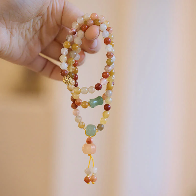 Buddha Stones Natural Golden Silk Jade Pumpkin Charm Wealth Luck Triple Wrap Bracelet