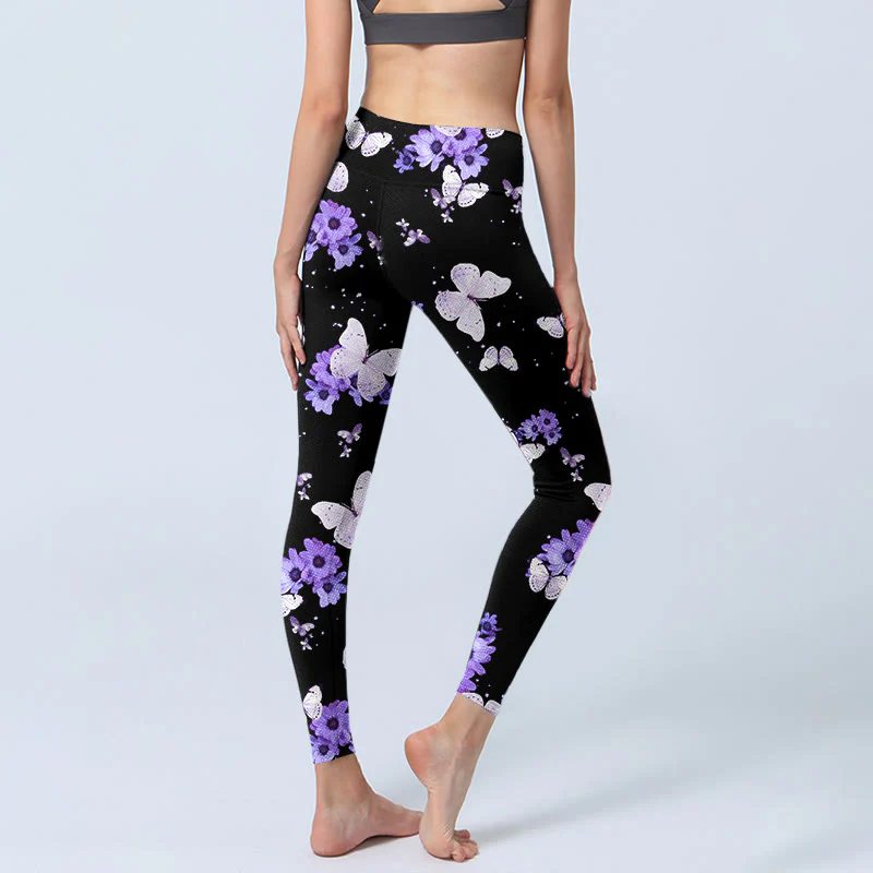 Buddha Stones Purple Floral Butterfly Print Exercise Leggings Women's Yoga Pants