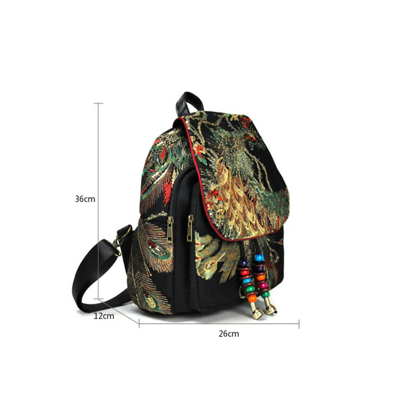 Buddha Stones Peacock Embroidery Canvas Tassel Backpack