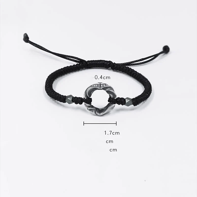 Buddha Stones 999 Sterling Silver Peace Buckle Black Wax Rope Protection Bracelet