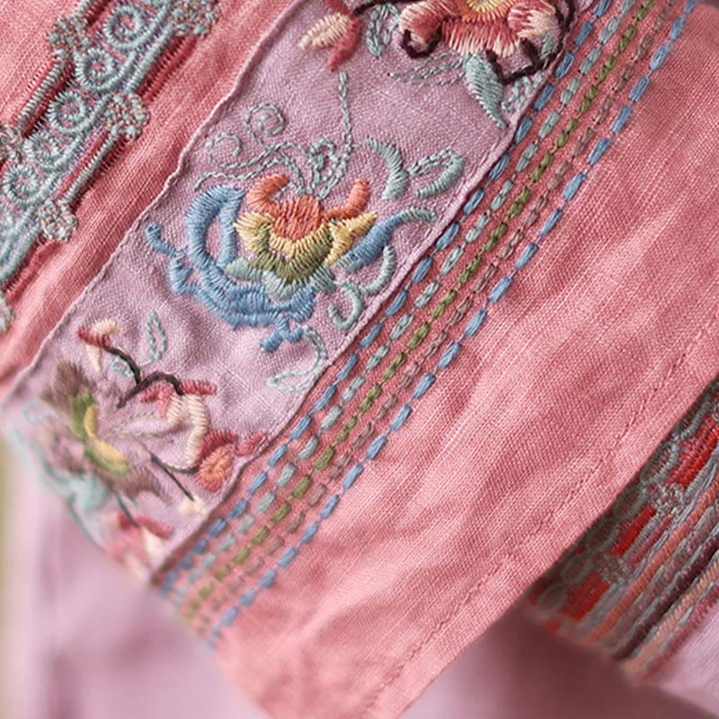 Buddha Stones Embroidered Slanted Buttons Cotton Linen Women's Shirt