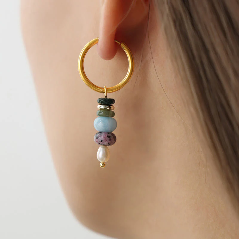 Buddha Stones Tibetan Marnyi Stone Design Natural Red Agate Pearl Confidence Titanium Steel Earrings