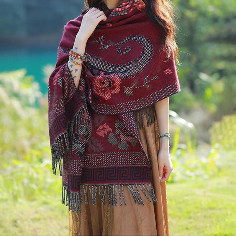 Buddha Stones Tibetan Flowers Leaves Pattern Design Shawl Cozy Travel Scarf Wrap