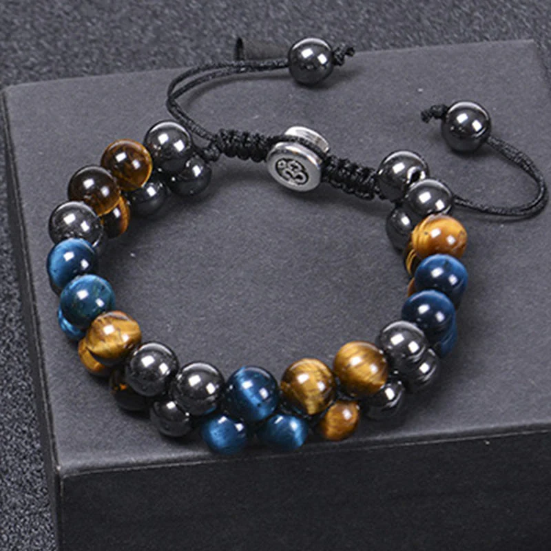 Buddha Stones Natural Blue Tiger Eye Black Magnetite Om Pattern Double Row Beads Strength Bracelet