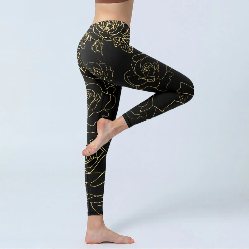 Buddha Stones Rose Flower Leaves Golden Line Pattern Print Gym Leggings Women's Yoga Pants