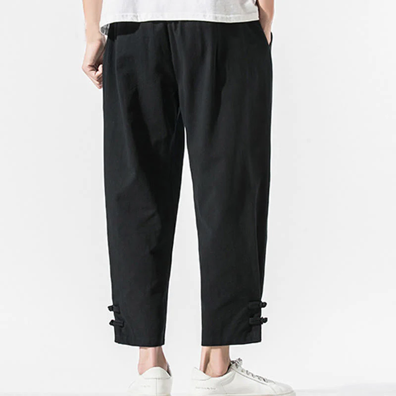 Buddha Stones Summer Chinese Characters Embroidery Men's Cotton Linen Pants With Pockets