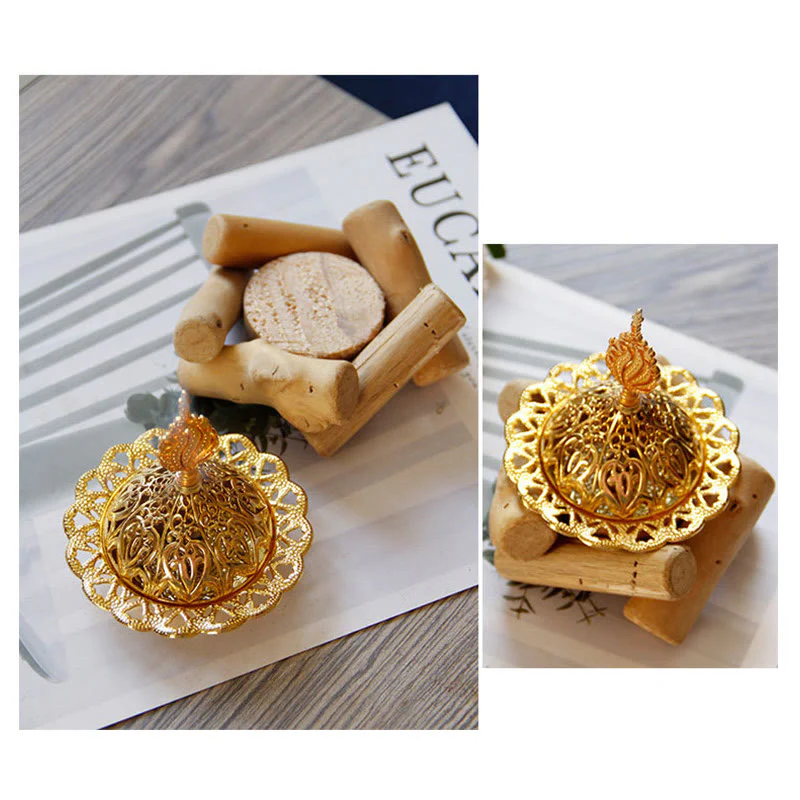 Buddha Stones Gold Alloy Healing Mini Incense Burner With Wooden Coaster Home Decor