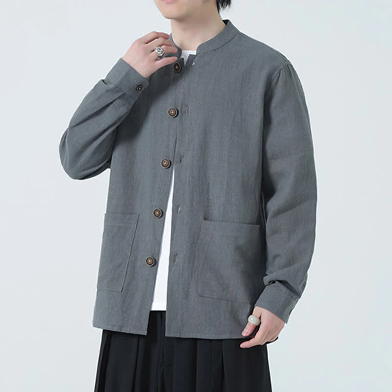 Buddha Stones Men's Button Ramie Linen Cotton Fleece Lined Jacket Shirt With Pockets