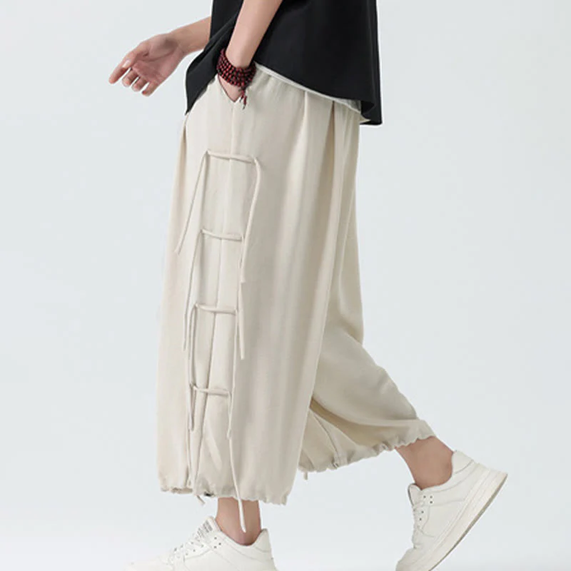 Buddha Stones Casual Loose Lanyard Design Waist Rope Men's 7-8 Length Spandex Pants With Pockets